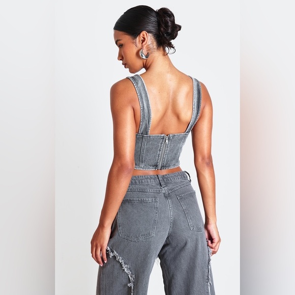 NWT PLT Washed Grey Dip Hem Bust Cup Denim Corset Top size US6 Grunge V Neck Low - Picture 2 of 8